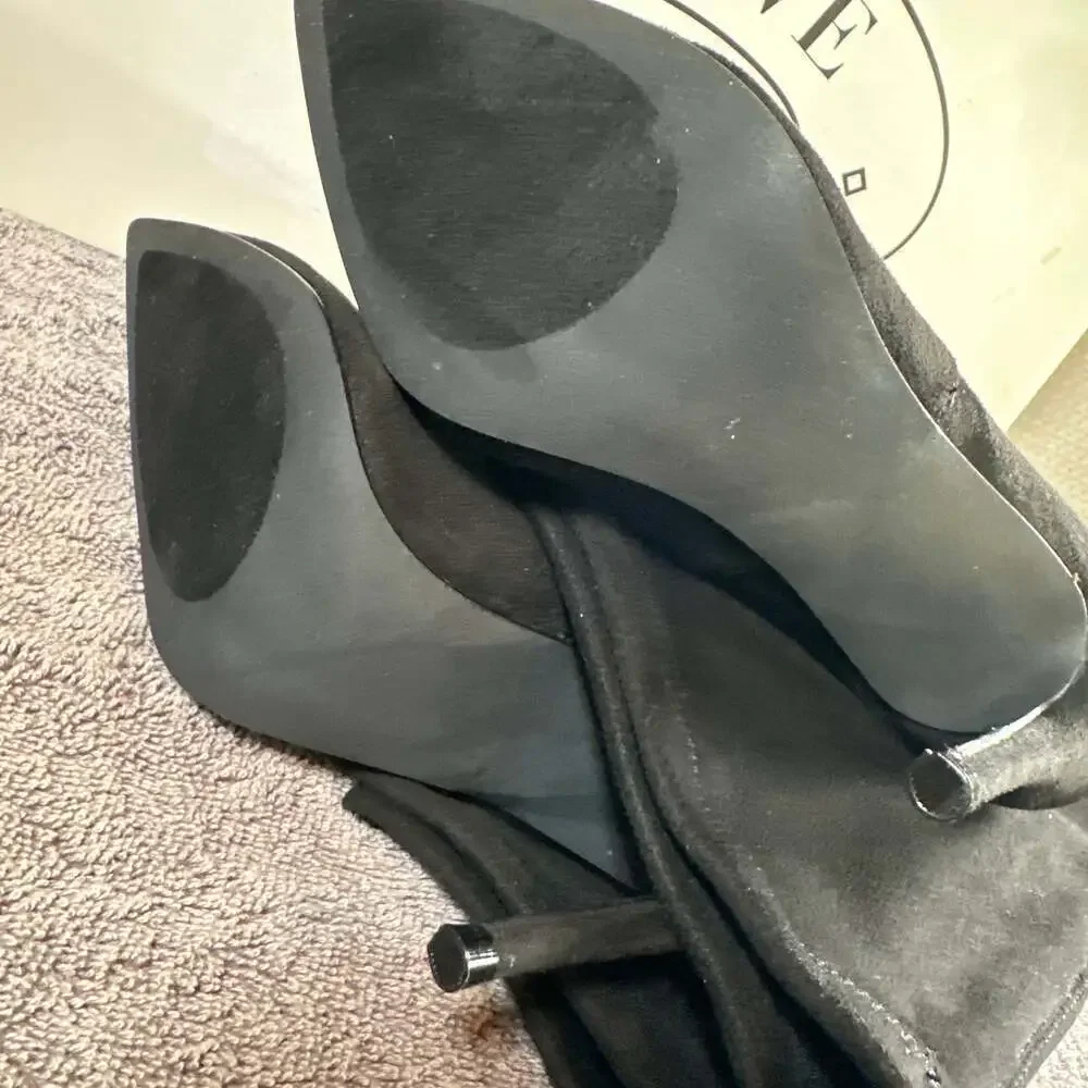 Steve Madden Dominique Black Micro Suede Thigh High Pointed Toe Stiletto Boots